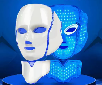 White LED facial mask headpiece with glowing blue LED light panels