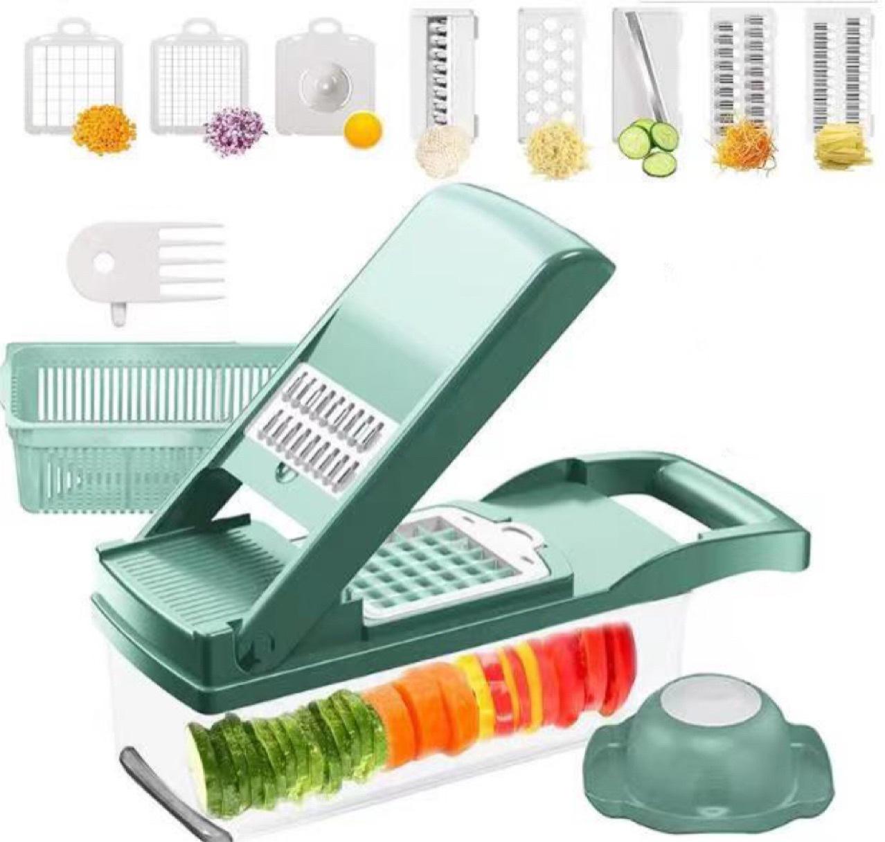 Vegetable chopper and dicer kit with multiple blade attachments and green base