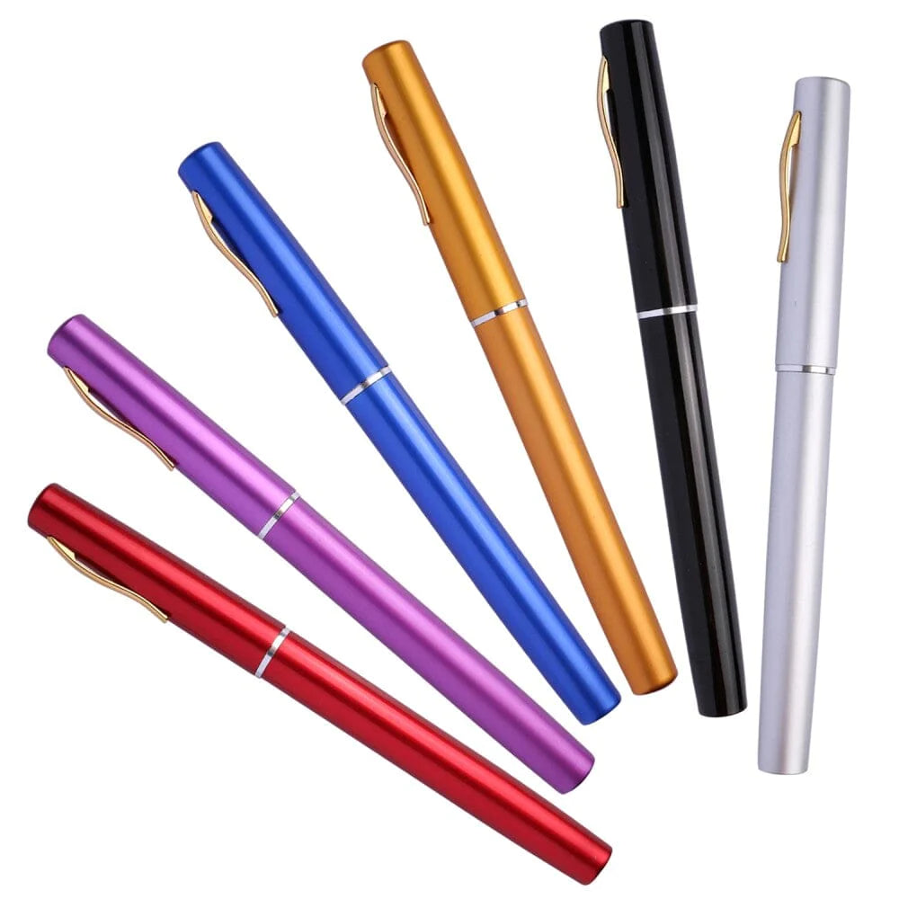 Assorted compact pocket fishing rods in red, blue, purple, gold, black, and white