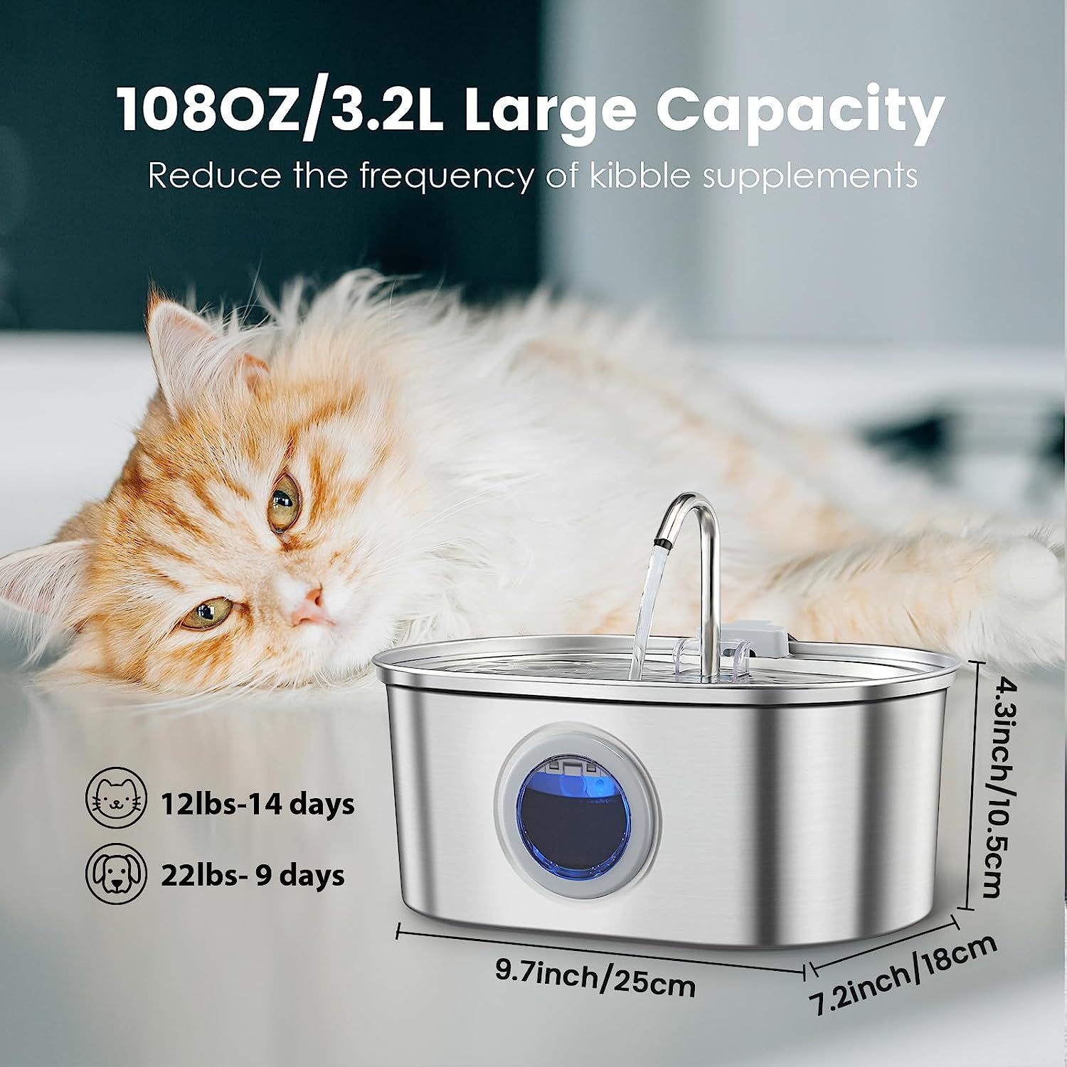 Stainless steel pet water fountain with blue-lit control window and twin drinking spouts