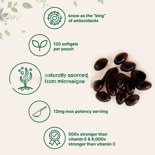 Astaxanthin soft capsules pouch with dark softgels and antioxidant info icons
