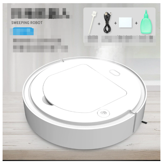 White circular cleaning robot top view with round indicator and side port