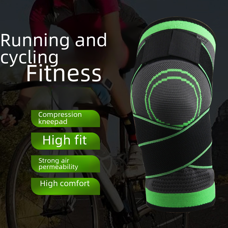 Compression knee sleeve, black with neon green straps and circular support panel.