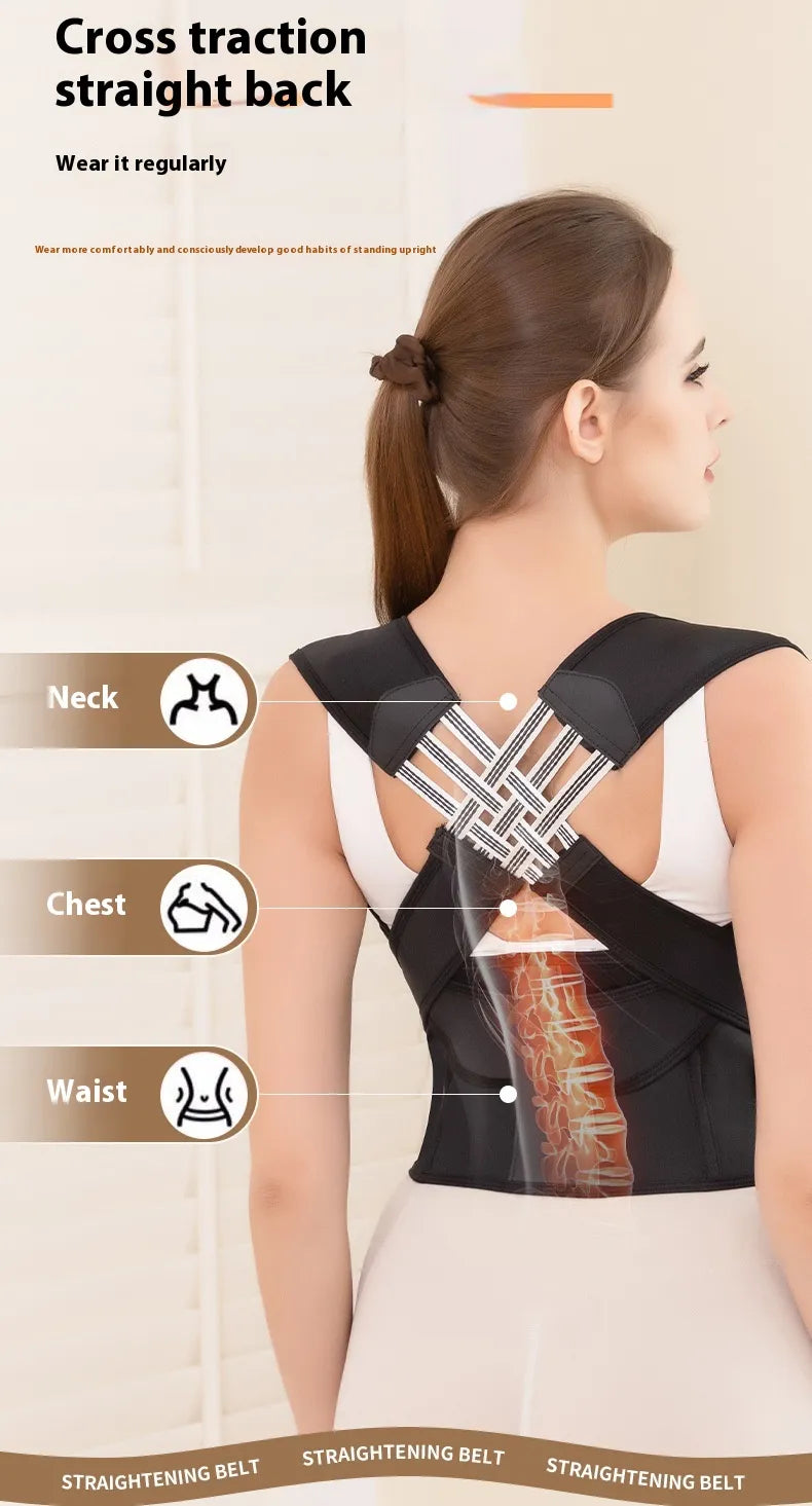 Black back posture corrector band with white crisscross straps, back view