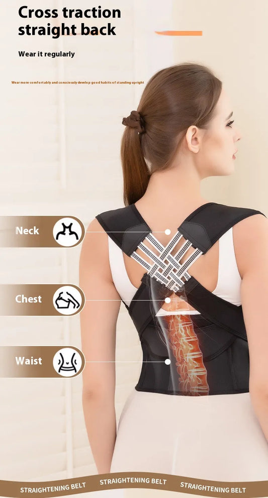 Black back posture corrector band with white crisscross straps, back view