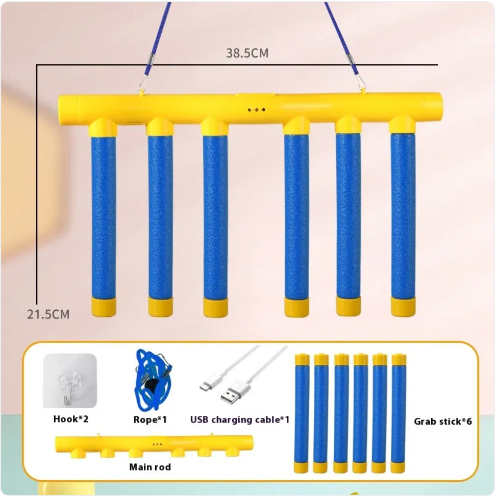 Kids sensory reaction trainer toy with yellow top and blue rods, accessory layout with USB cable