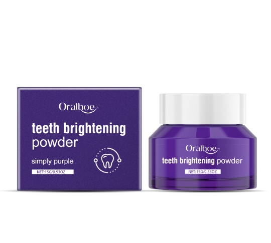 Purple teeth brightening powder jar with matching box, Oralhoe.