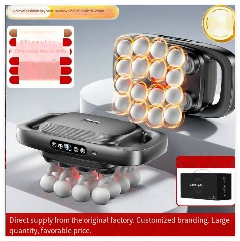 Deep tissue massage gun showing multi-head attachment array, dark gray body