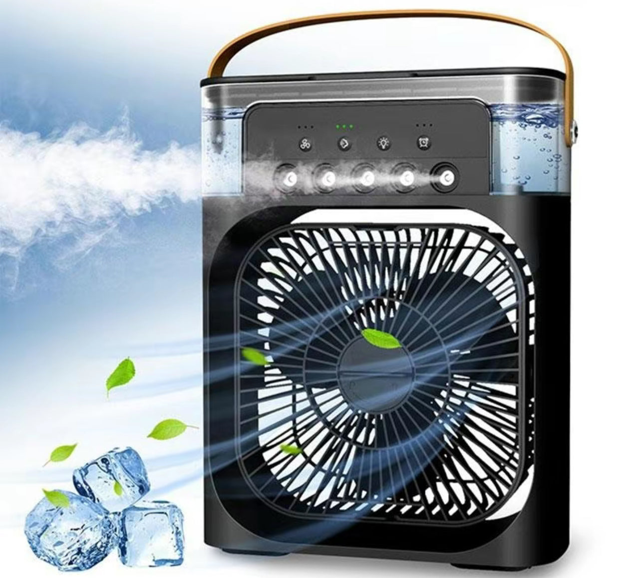 Black portable 3-in-1 air cooler fan with water tank and front fan grille