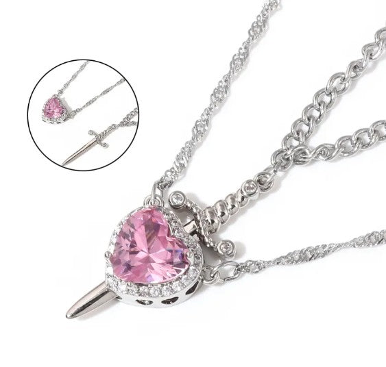 Couple heart and dagger pendant necklace set, silver-tone with pink heart crystal