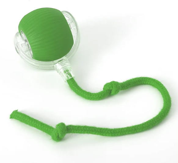Self-rolling cat toy ball with green shell and green fabric rope
