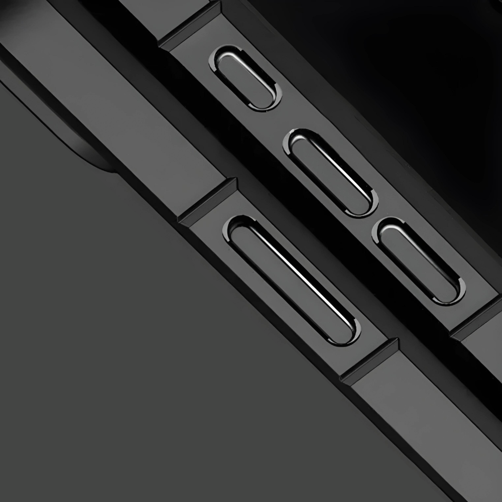 Black iPhone case side buttons and cutouts with textured grip detail