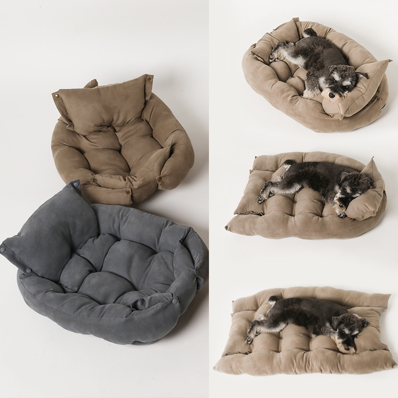 Foldable pet nest sofa bed shown folded and unfolded in dark gray and beige