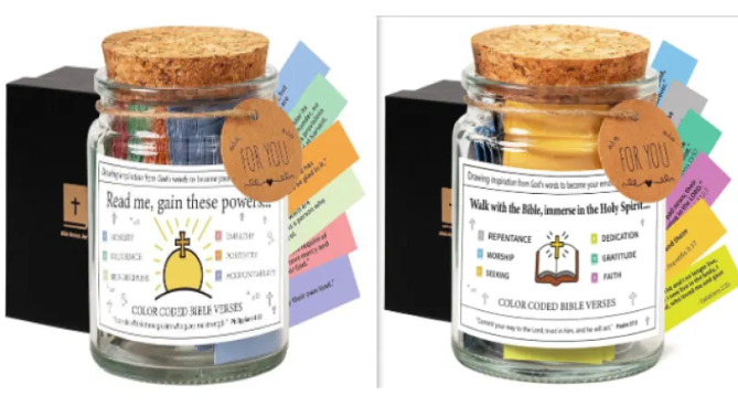 Two glass jars with cork lids and 'FOR YOU' tags, color-coded scripture cards set.