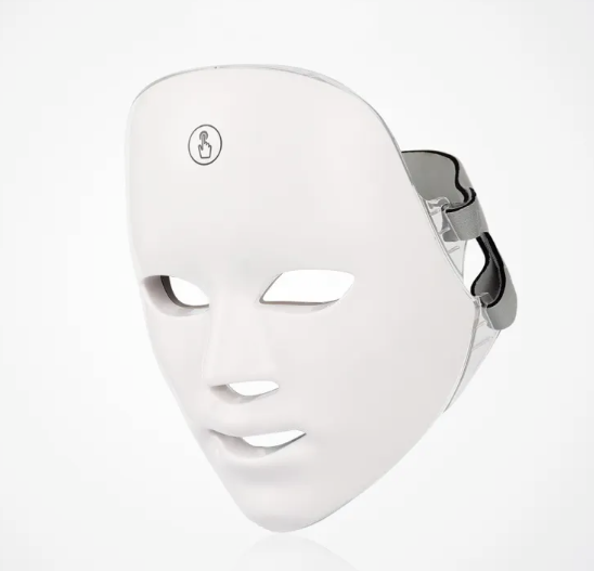 LED light therapy face mask, white full-face design with adjustable strap side pads