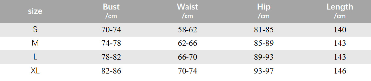 Jumpsuit size chart with bust, waist, hip, and length measurements