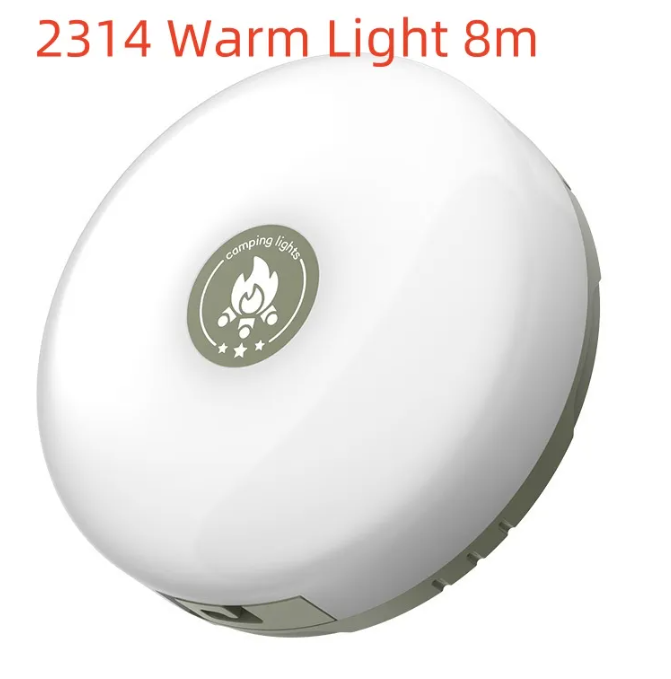 Rechargeable camping lantern, white round body with fire emblem badge and dark side rim