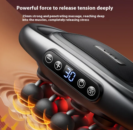 Deep tissue massage gun handle with round controls and LED display, dark finish