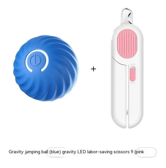 Interactive dog ball toy set: blue ribbed jumping ball with white self-moving device, pink window