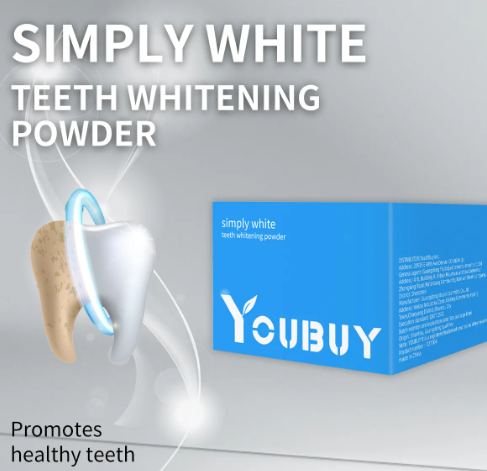 YouBUY simply white teeth whitening powder jar and box with tooth applicator illustration