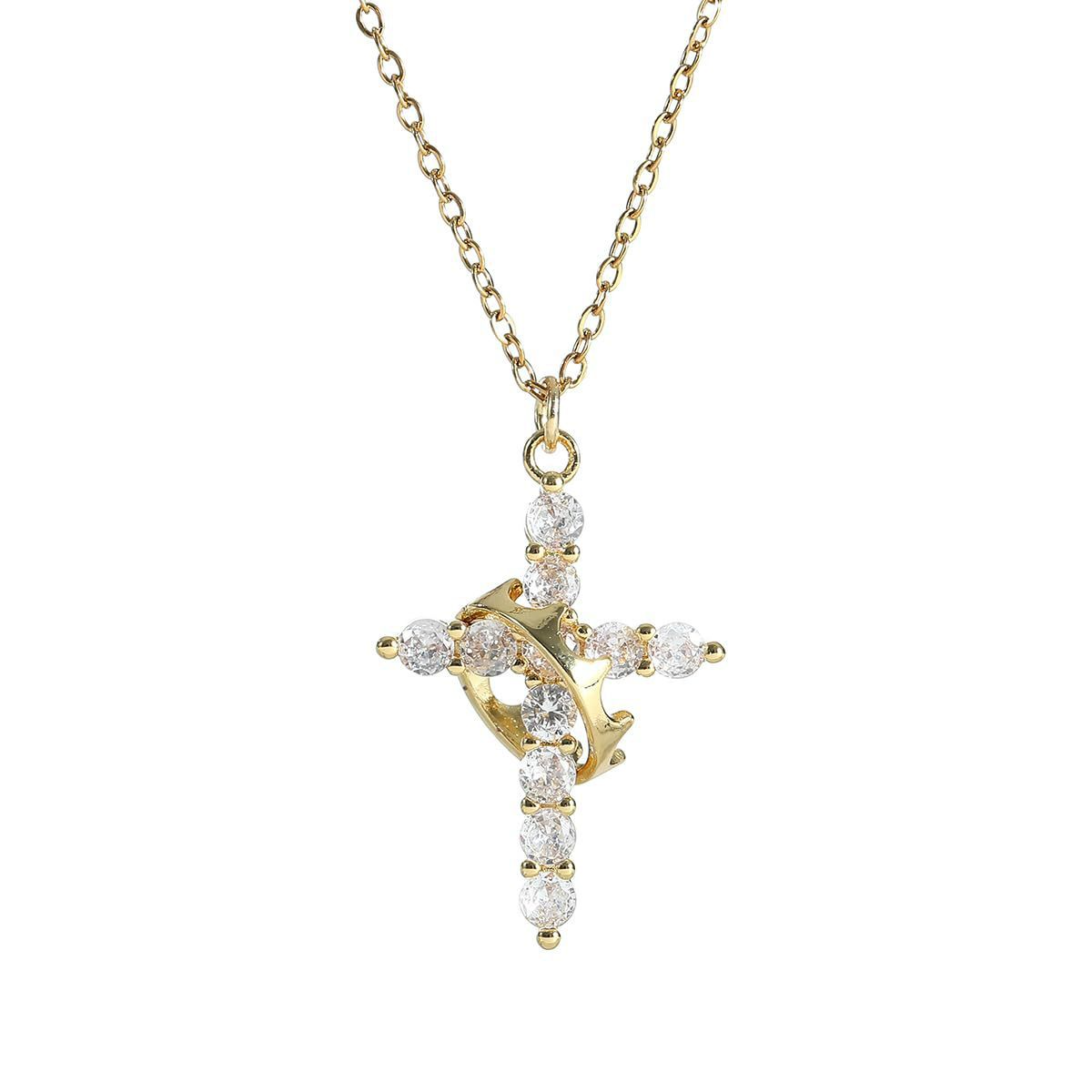 Gold-tone cross Y-chain necklace with pave crystal stones on a thin curved chain