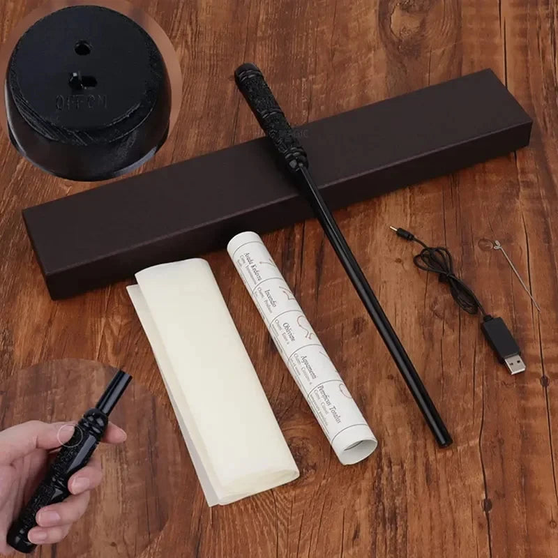 Magic wand toy kit with wand, black storage box, paper tube, and USB cable