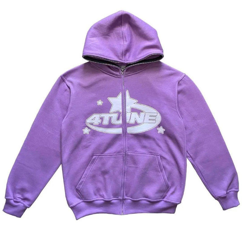 Purple zip-up hoodie front with star badge logo and drawstring hood