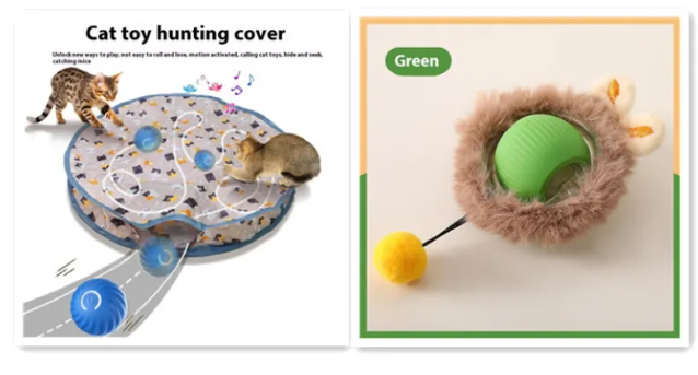 Self-rolling plush cat toy ball with green inner shell, beige fur cover, and yellow charm