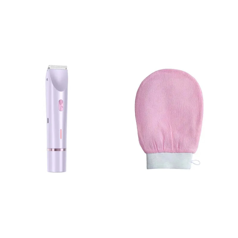 2-in-1 electric hair remover with white body and pink cleaning mitt