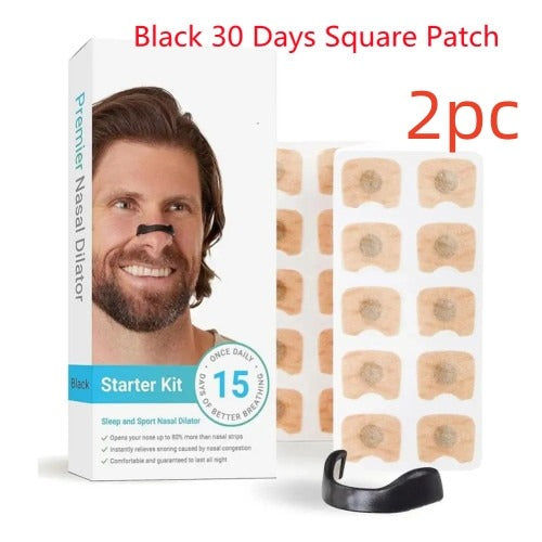 Black nasal dilator starter kit box with patch sheet and black support piece