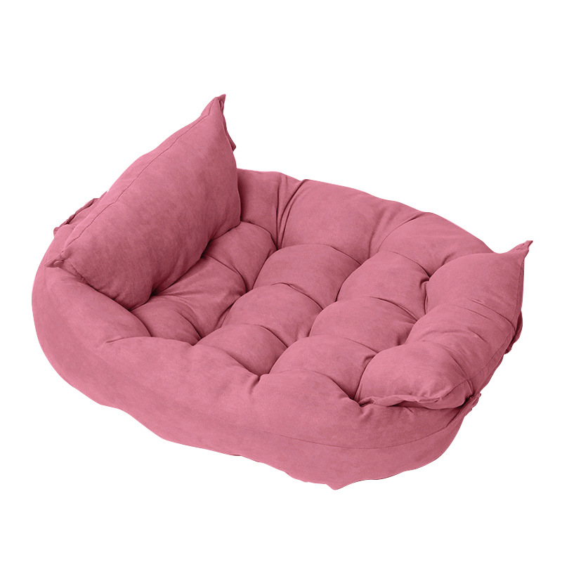 Foldable pet nest sofa bed in pink with tufted center and rolled side bolsters