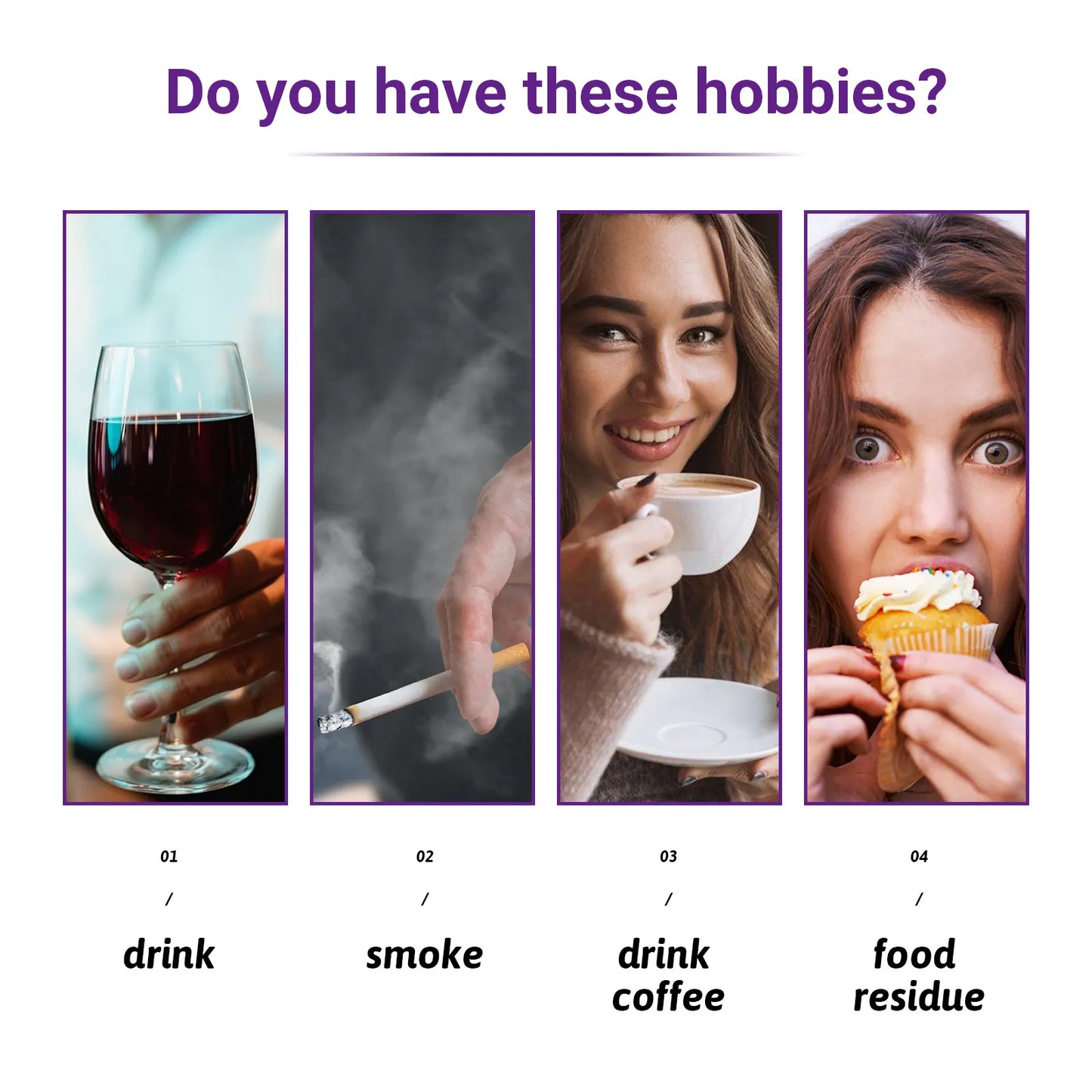 Mouth care concept collage with drink, smoke, coffee, and food residue icons