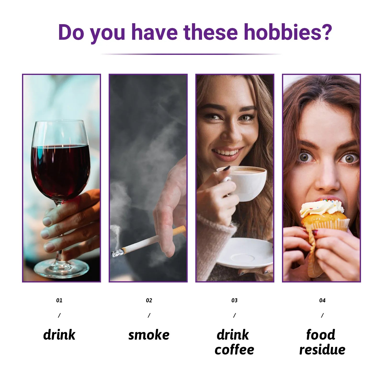Mouth care concept collage with drink, smoke, coffee, and food residue icons