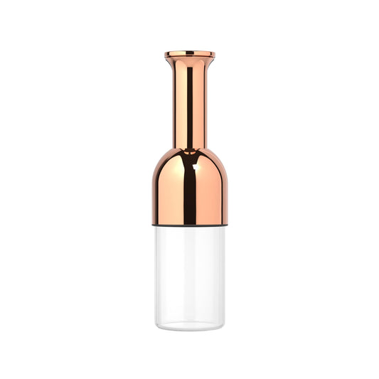 Copper mirror-finish wine decanter with airtight stopper and clear glass body