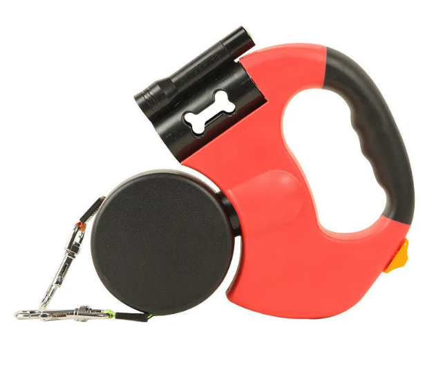 Dual retractable dog leash with red and black reel, two extendable leads, metal clips