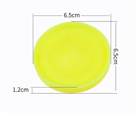 Neon yellow mini flying disc, 6.5 cm diameter shown with size markings.