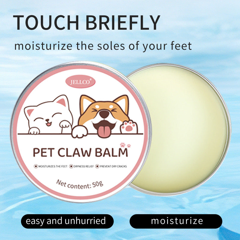 Pet paw balm cream tin with pale yellow balm, product label on round lid