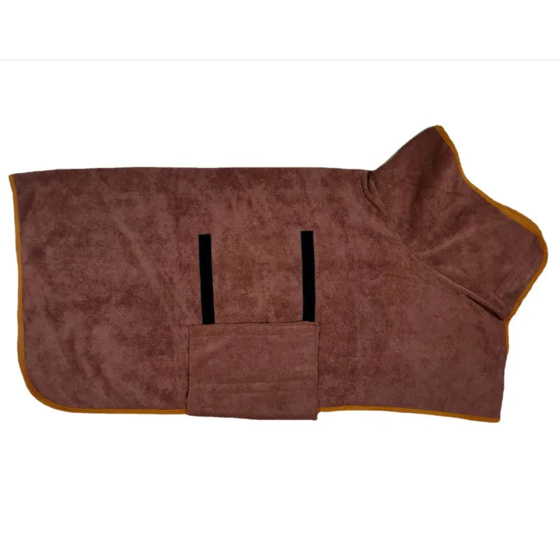 Brown pet drying bathrobe towel with hood and two black strap panels, yellow edge trim