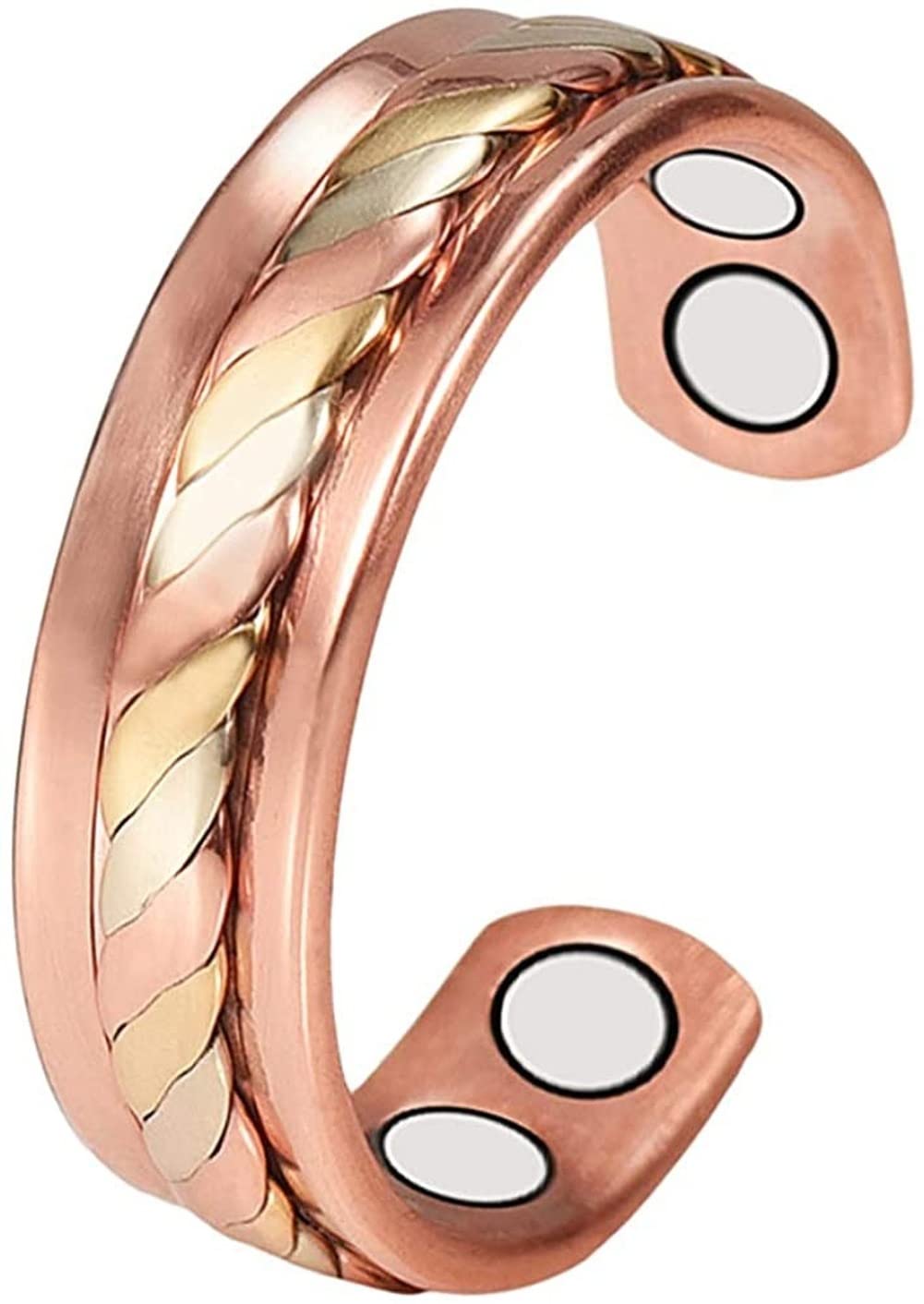 Adjustable copper therapy ring with three-tone braided weave and oval inset discs