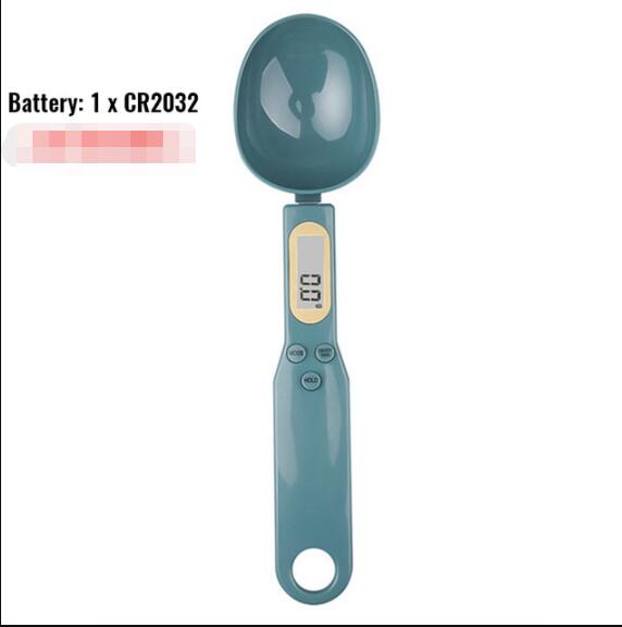Teal digital measuring spoon scale with LCD display and round scoop for cooking