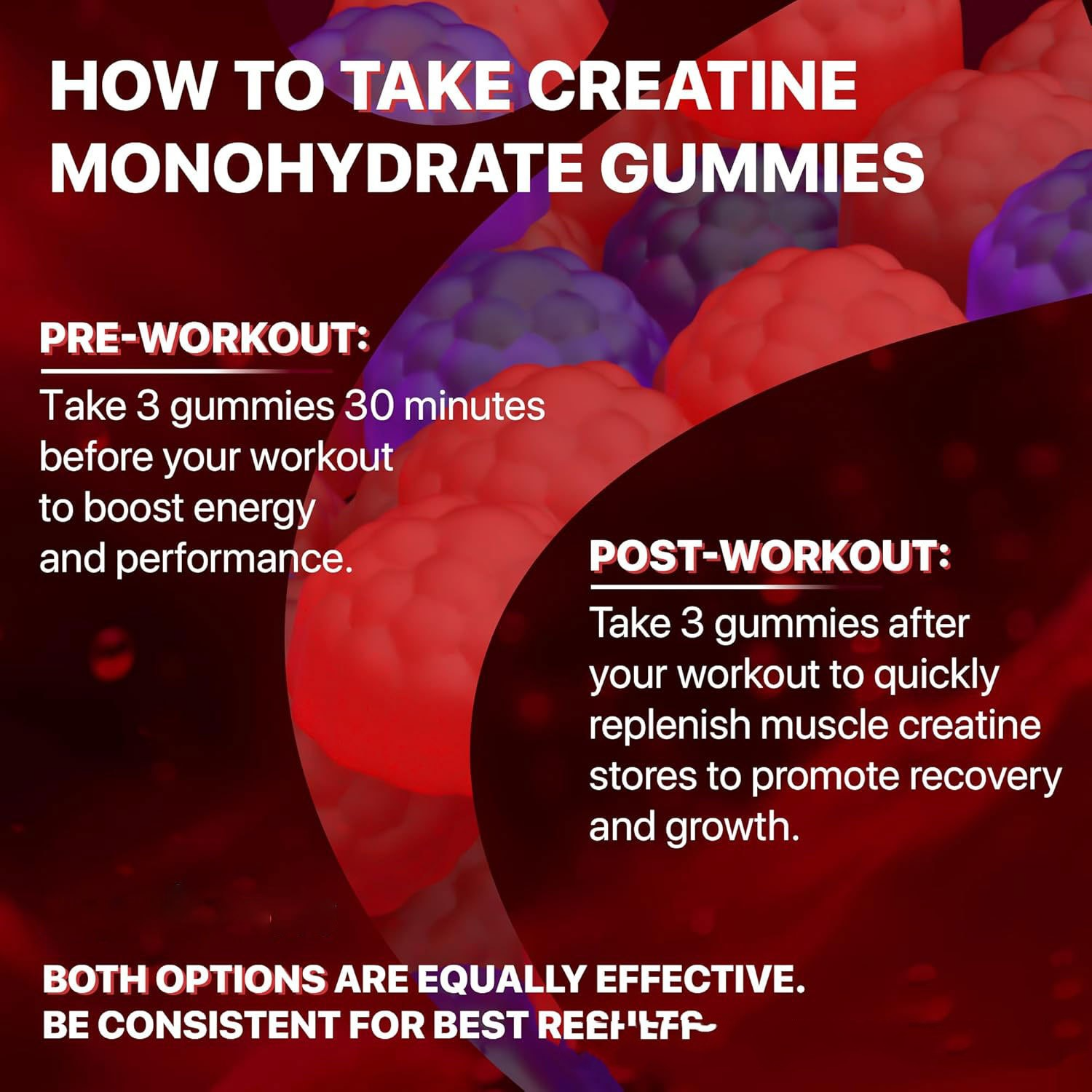 Creatine monohydrate gummies serving guide on glossy red and purple gummy pieces