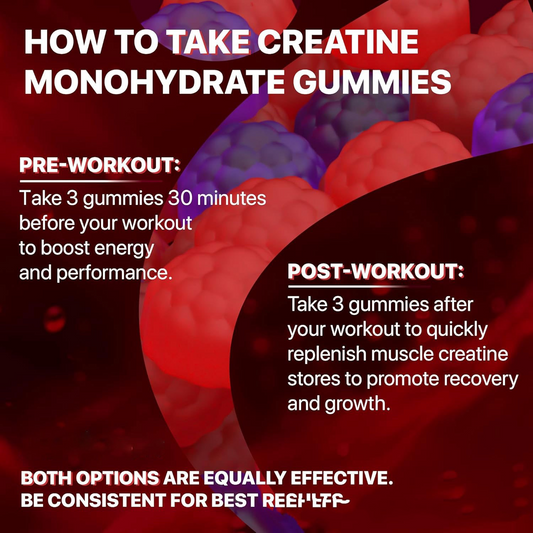 Creatine monohydrate gummies serving guide on glossy red and purple gummy pieces
