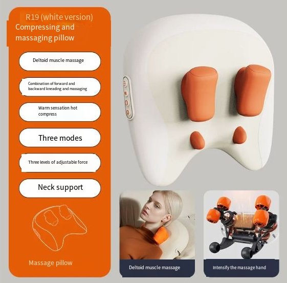 White neck support massage pillow with orange roller heads and heat pads