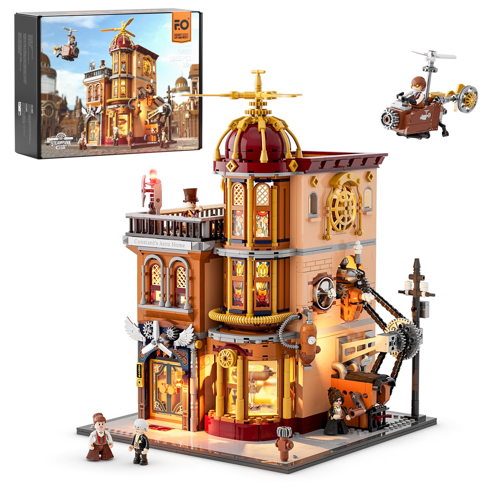 Steampunk lighting building set with multi-story clockwork tower and figures