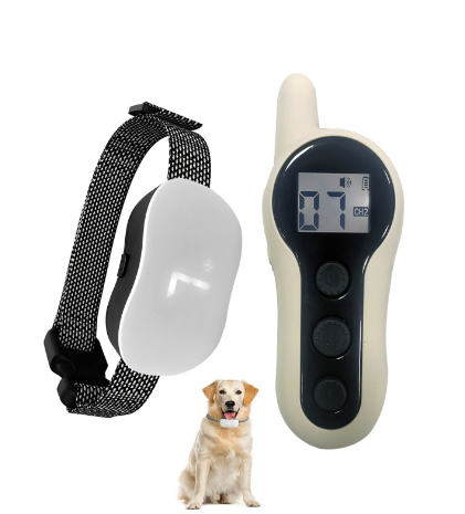 White anti-bark training remote and receiver collar strap set with display and controls