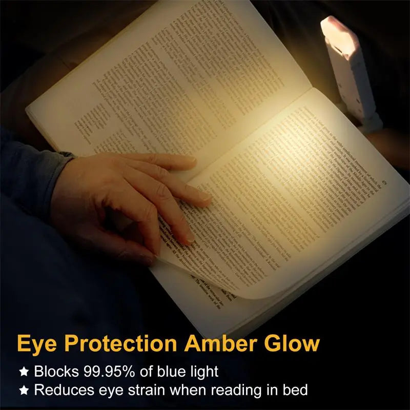 Amber-lit clip-on LED book light illuminating an open book page