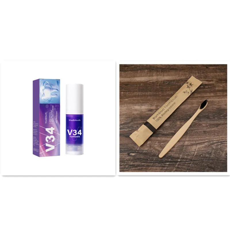 V34 toothpaste mousse box and bottle pair displayed side by side