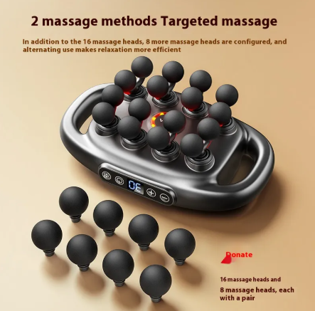 Gray massage gun with several spherical attachment heads arranged around it