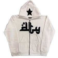 White zip-up hoodie with white-and-black star graphic, full hood, front zipper