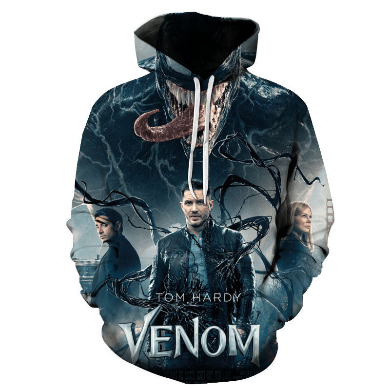 Black hooded jacket with dark character graphic and large 'VENOM' text
